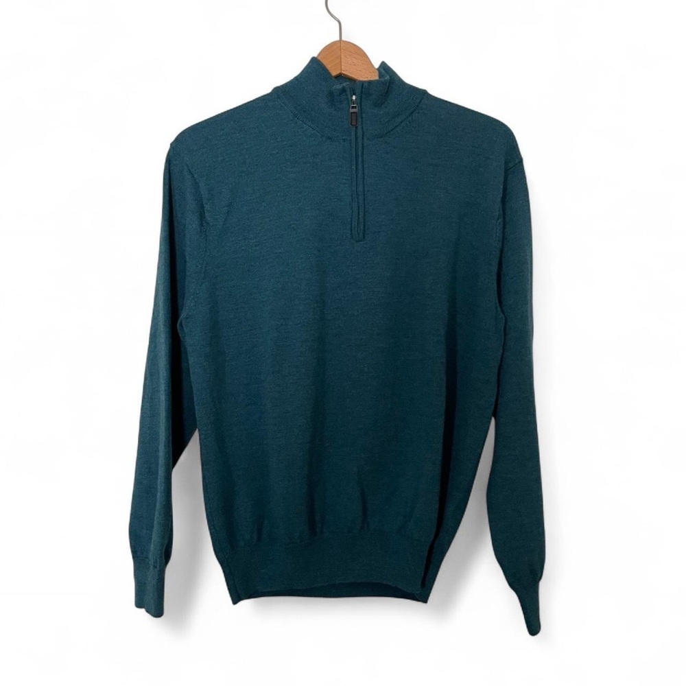 Jos A Bank Signature Men's L 100% Italian Merino Wool Teal Quarter Zip Sweater